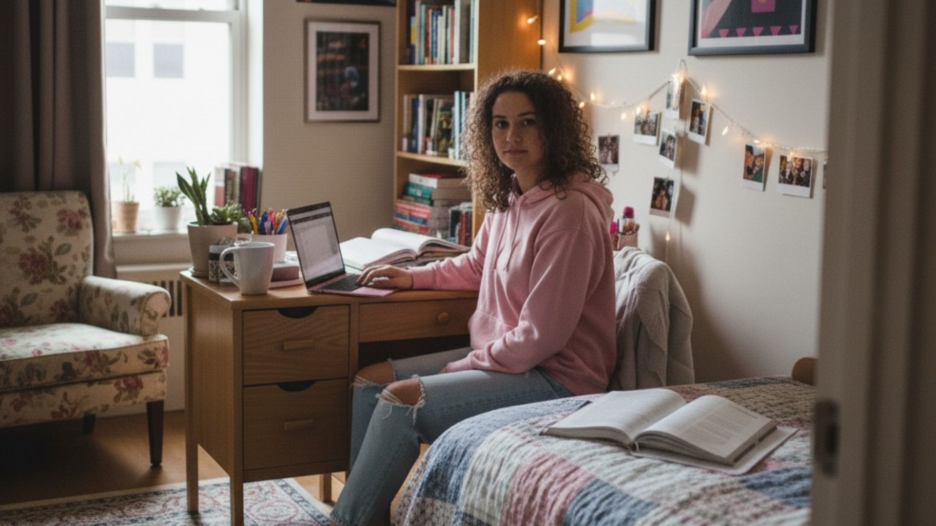 emma looking at me while working on pink laptop